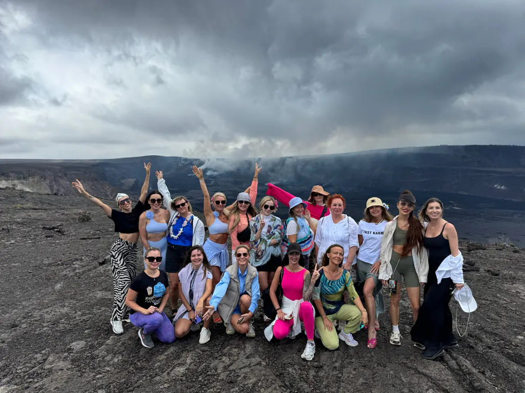 Retreat participants at a volcanic crater in Hawaii